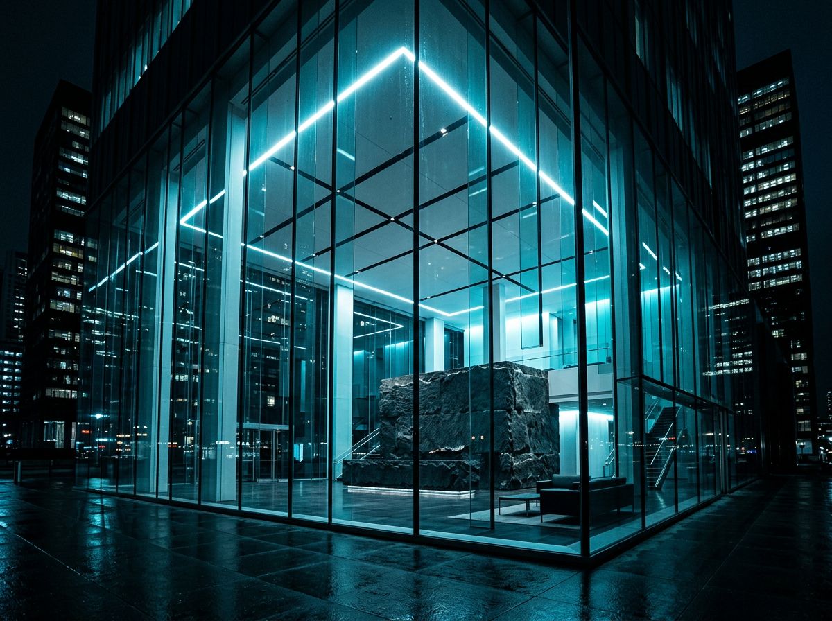The lit glass lobby of a modern media headquarters at night