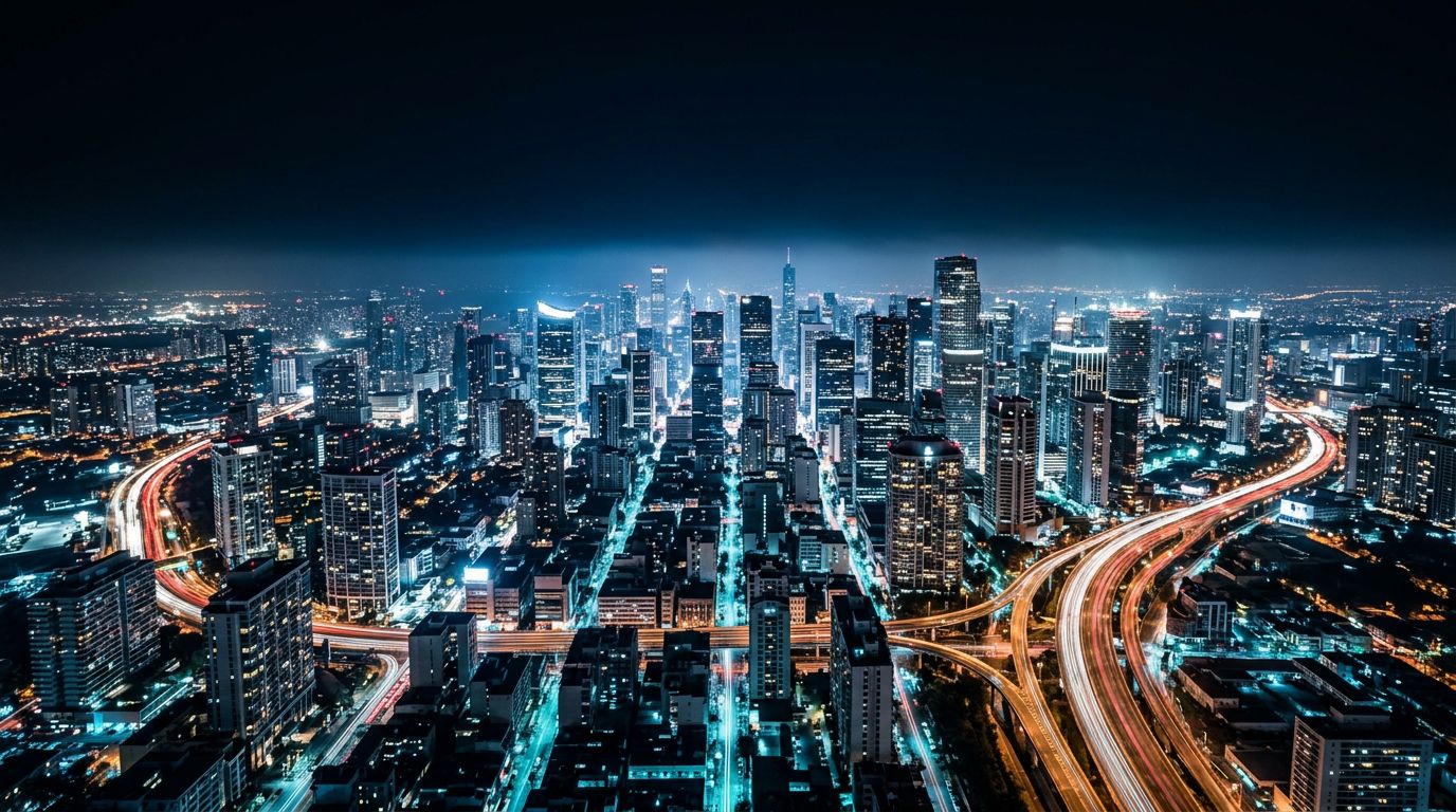 Aerial view of a lit city skyline at night