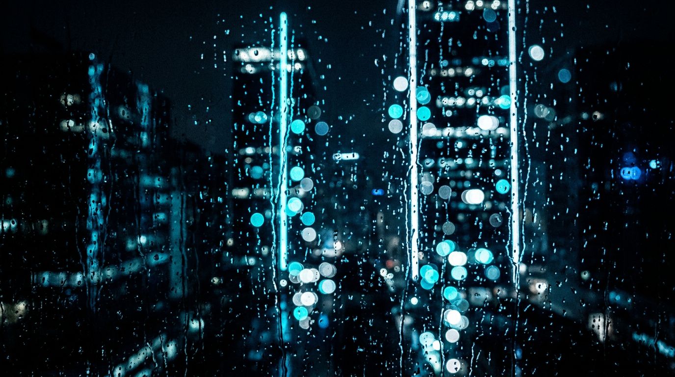 City lights refracted through rain-covered glass