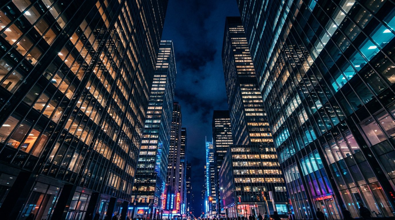Glass towers lit at night, seen from street level